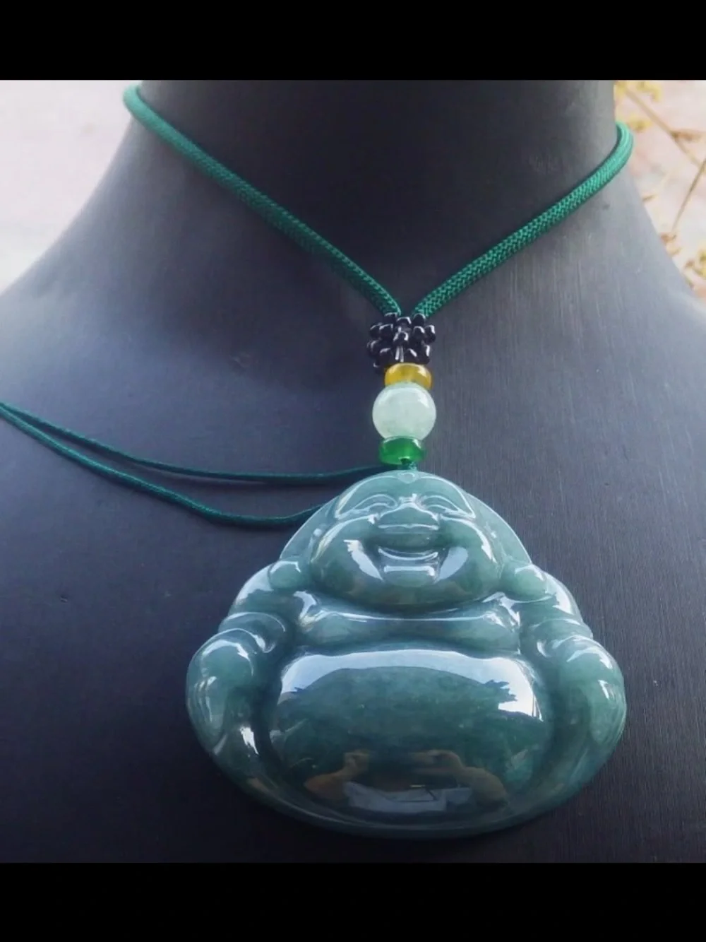 Certificate Jadeite Jade Dark Green Pendant luck Laughing Buddha god